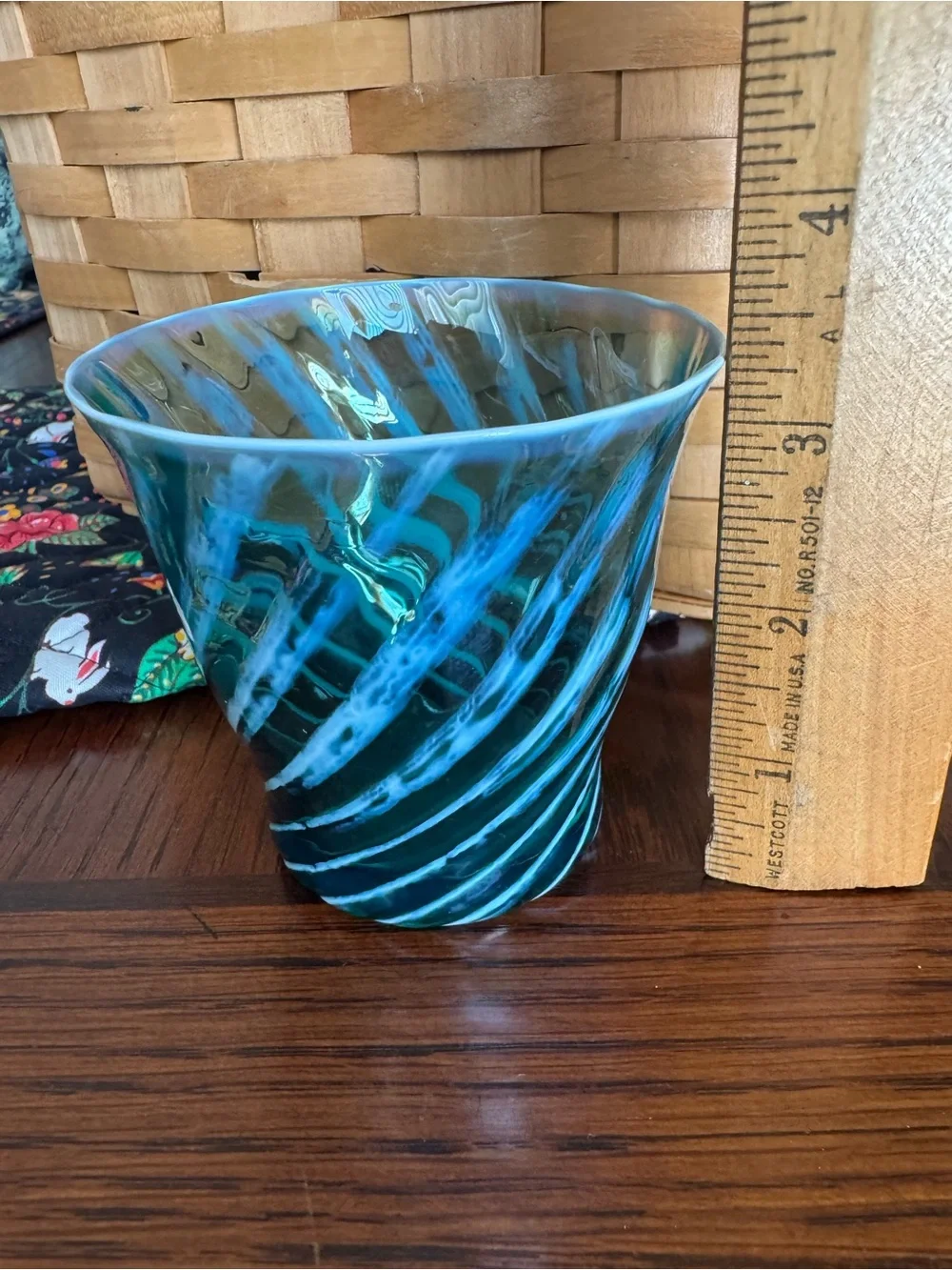 Fostoria Homespun Drinking Glass Vintage Blue Opalescent Tumbler MCM Swirl Teal